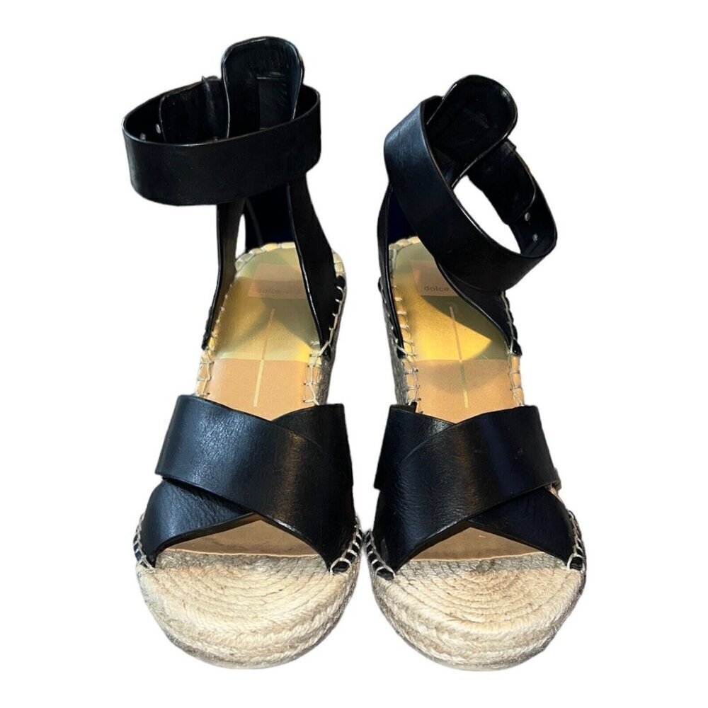 DOLCE VITA Black Leather Open Toe Ankle Strap Espadrille Wedge Sandals Sz 10